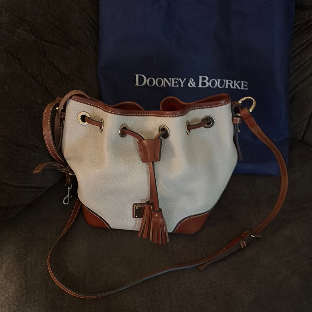Dooney & Bourke White and Brown Shoulder Bag with Leather Trim